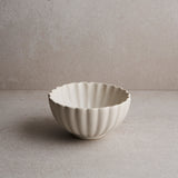 White ceramic bowl on a gray surface with a neutral background