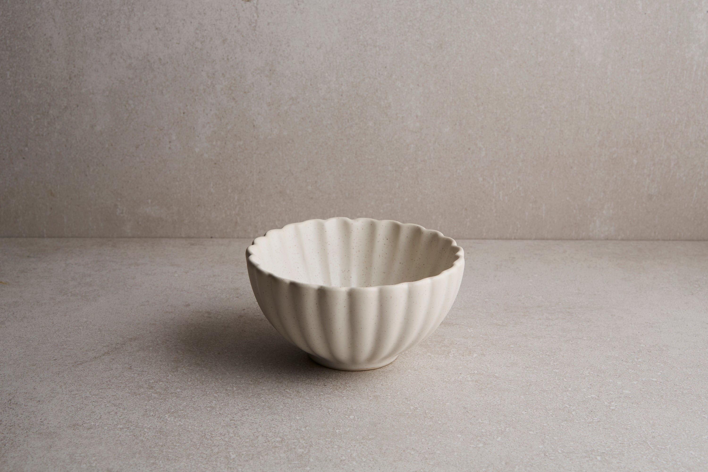 White ceramic bowl on a gray surface with a neutral background